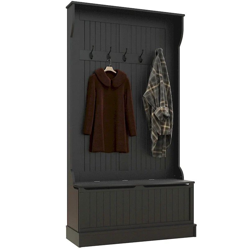 Mueble recibidor 3 en 1 con banco de almacenamiento, perchero con cuatro ganchos y espacio para zapatos, negro