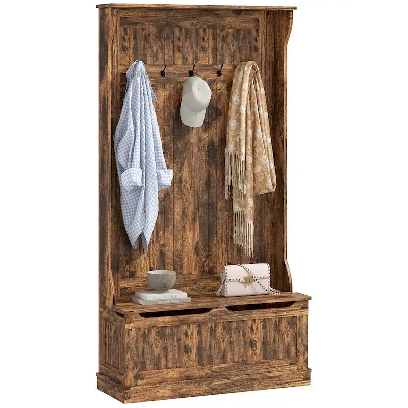 3-In-1 Entryway Hall Tree with Storage Bench, Coat Rack with Four Hooks and Shoe Storage, Black