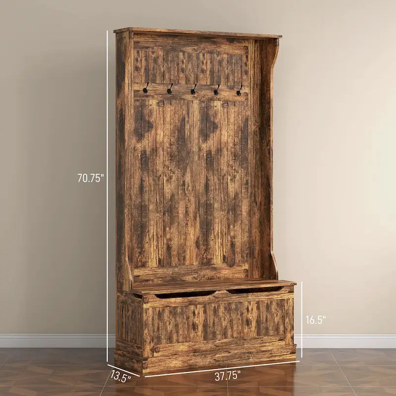 3-In-1 Entryway Hall Tree with Storage Bench, Coat Rack with Four Hooks and Shoe Storage, Black