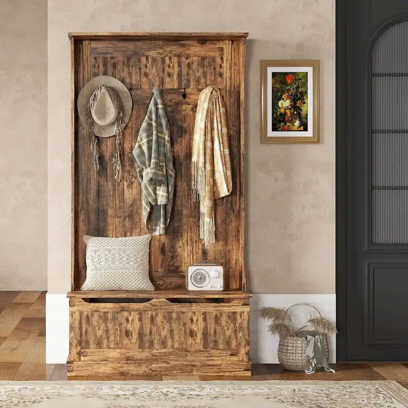 3-In-1 Entryway Hall Tree with Storage Bench, Coat Rack with Four Hooks and Shoe Storage, Black