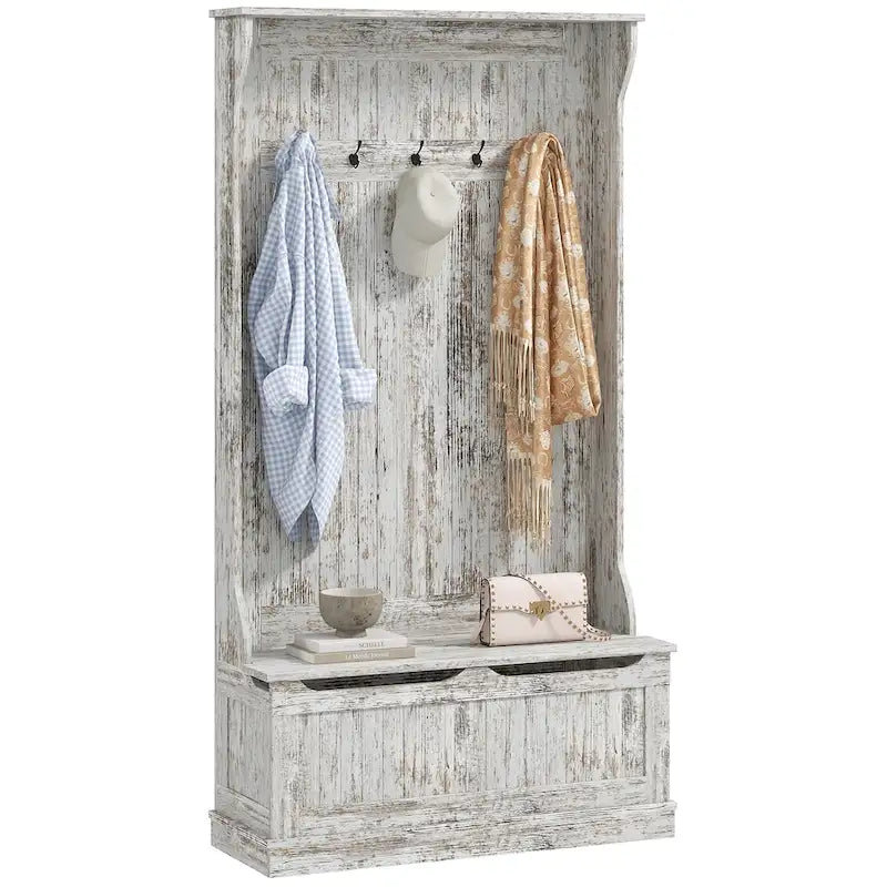 3-In-1 Entryway Hall Tree with Storage Bench, Coat Rack with Four Hooks and Shoe Storage, Black