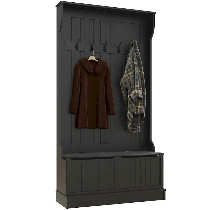 3-In-1 Entryway Hall Tree with Storage Bench, Coat Rack with Four Hooks and Shoe Storage, Black