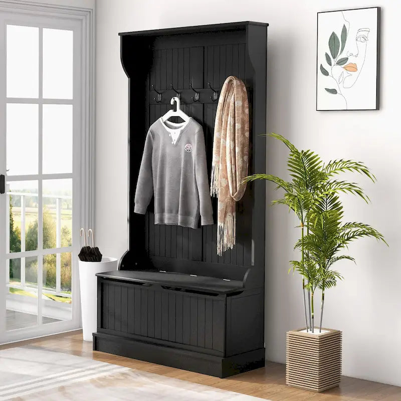 3-In-1 Entryway Hall Tree with Storage Bench, Coat Rack with Four Hooks and Shoe Storage, Black