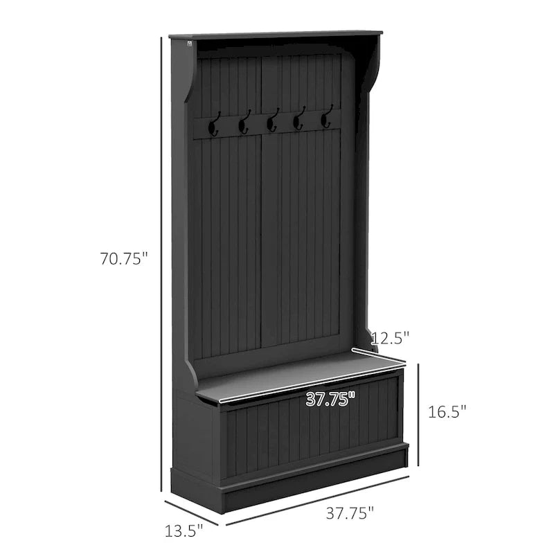 3-In-1 Entryway Hall Tree with Storage Bench, Coat Rack with Four Hooks and Shoe Storage, Black