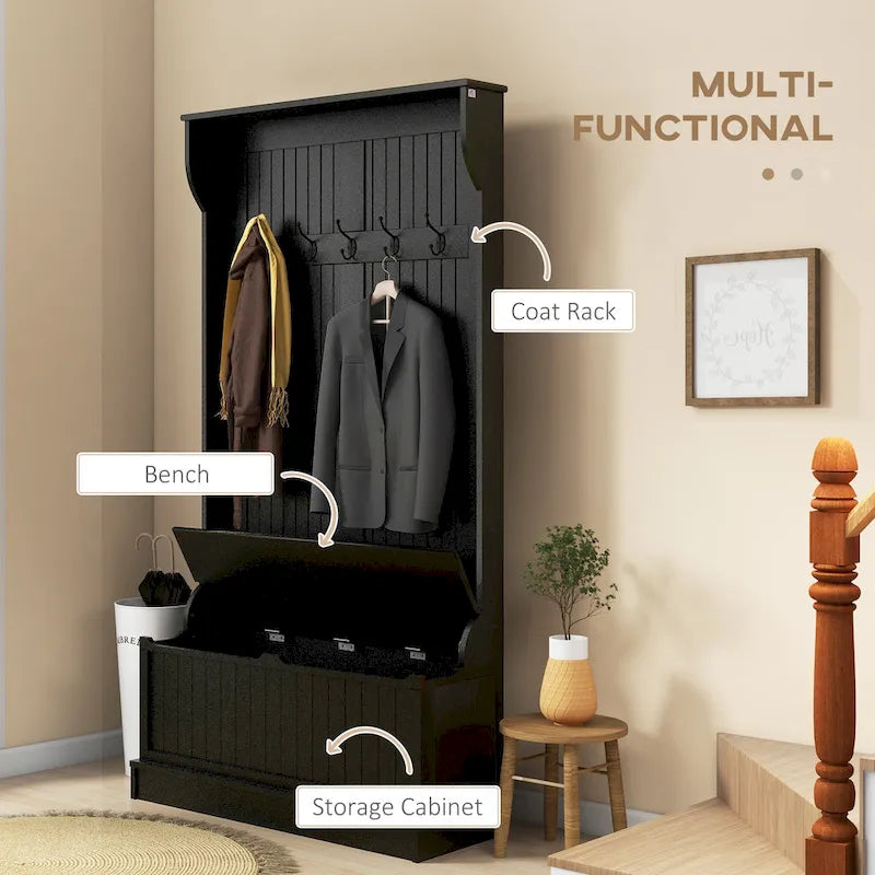 3-In-1 Entryway Hall Tree with Storage Bench, Coat Rack with Four Hooks and Shoe Storage, Black