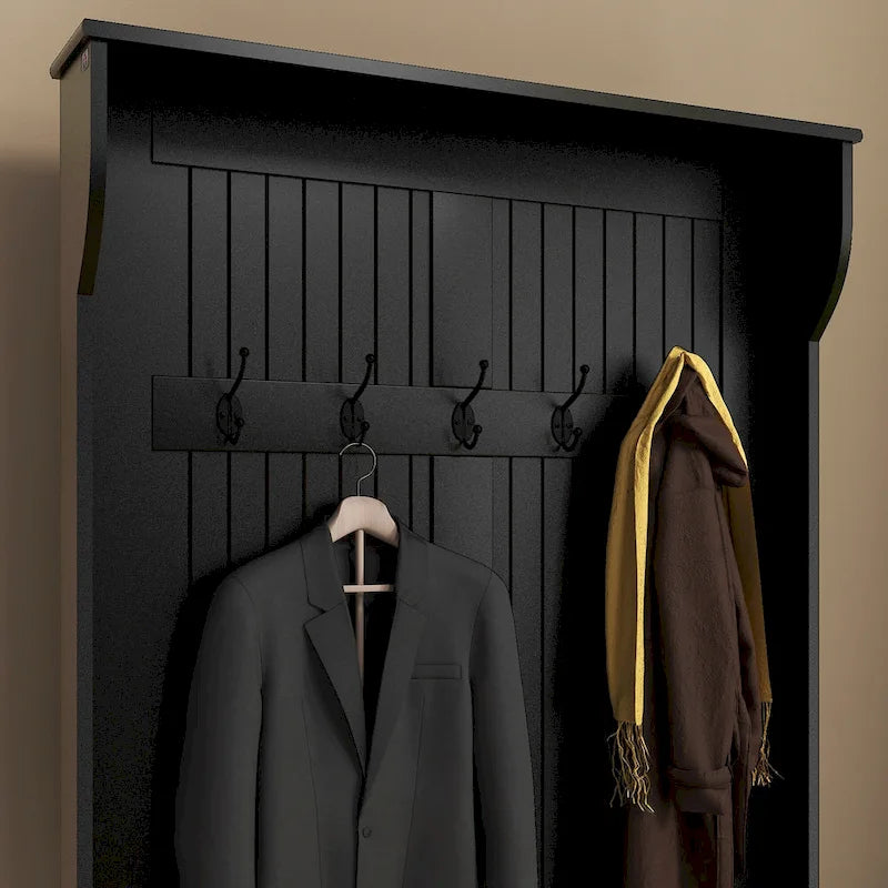 3-In-1 Entryway Hall Tree with Storage Bench, Coat Rack with Four Hooks and Shoe Storage, Black