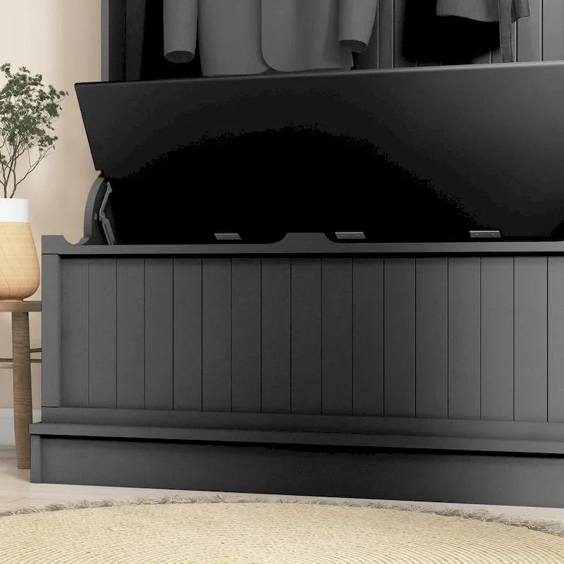 3-In-1 Entryway Hall Tree with Storage Bench, Coat Rack with Four Hooks and Shoe Storage, Black