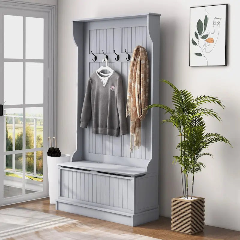 3-In-1 Entryway Hall Tree with Storage Bench, Coat Rack with Four Hooks and Shoe Storage, Black