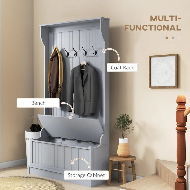 3-In-1 Entryway Hall Tree with Storage Bench, Coat Rack with Four Hooks and Shoe Storage, Black
