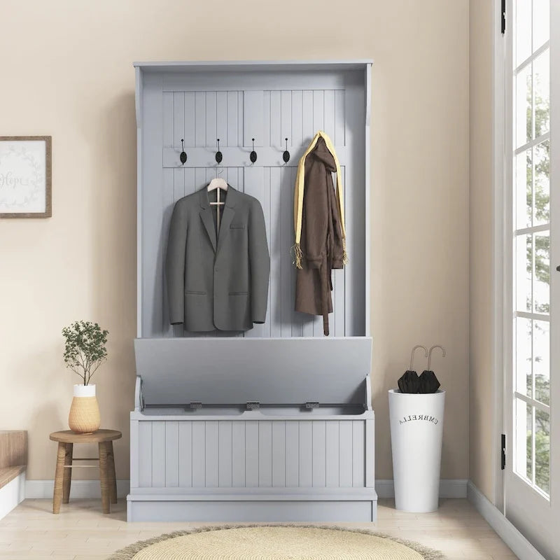 3-In-1 Entryway Hall Tree with Storage Bench, Coat Rack with Four Hooks and Shoe Storage, Black