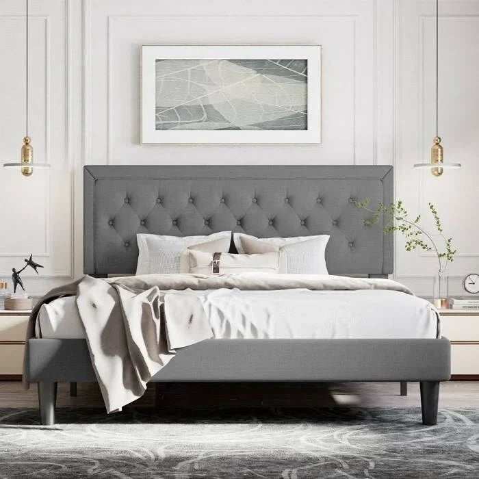Linen Upholstered Adjustable Height Platform Bed with Button-Tufted Headboard