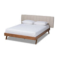 Mid-Century Modern Light Beige Fabric Upholstered Walnut Finished Wood Bed