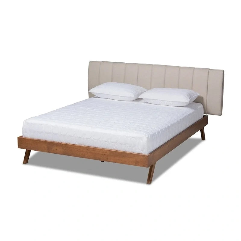 Mid-Century Modern Light Beige Fabric Upholstered Walnut Finished Wood Bed