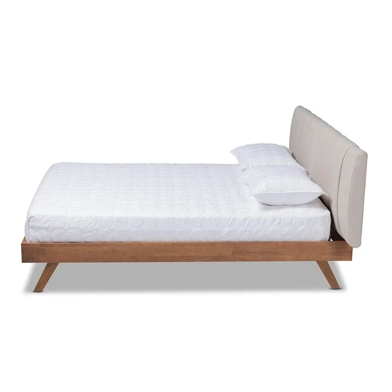 Mid-Century Modern Light Beige Fabric Upholstered Walnut Finished Wood Bed