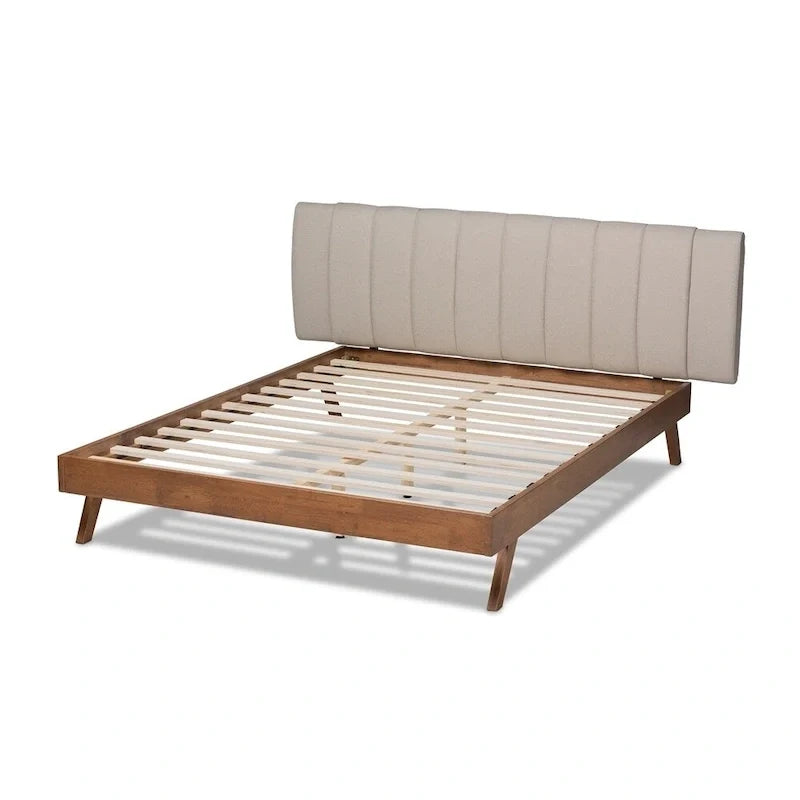 Mid-Century Modern Light Beige Fabric Upholstered Walnut Finished Wood Bed