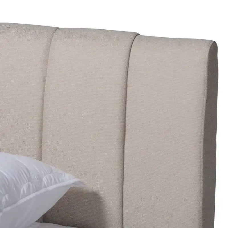 Mid-Century Modern Light Beige Fabric Upholstered Walnut Finished Wood Bed