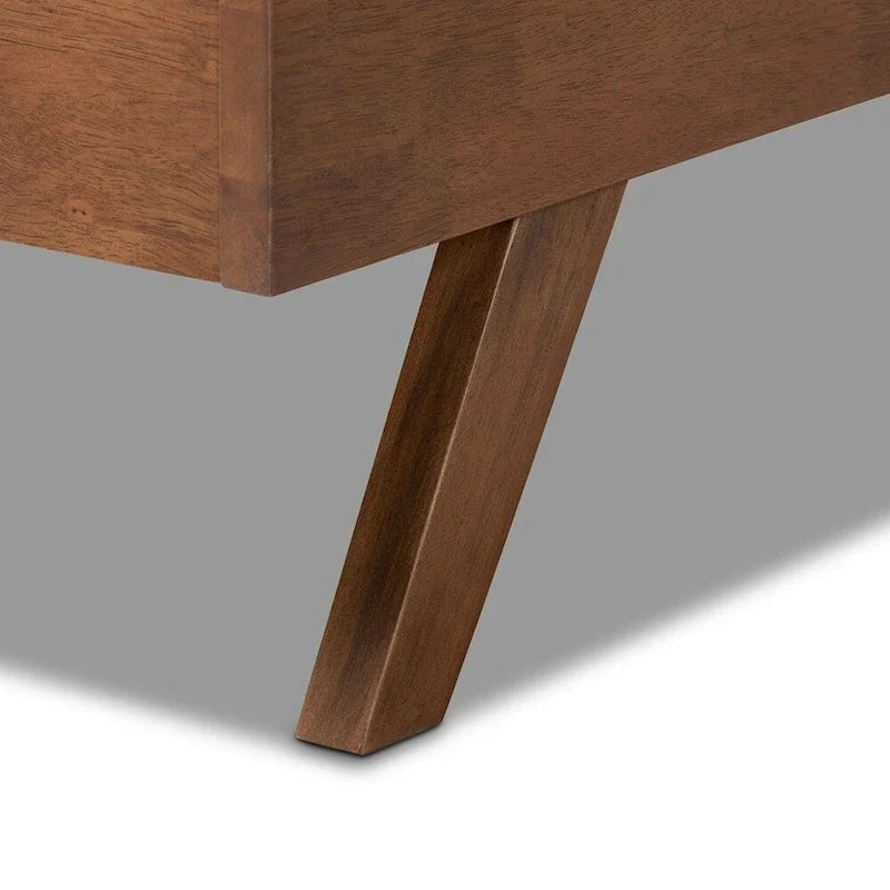 Mid-Century Modern Light Beige Fabric Upholstered Walnut Finished Wood Bed
