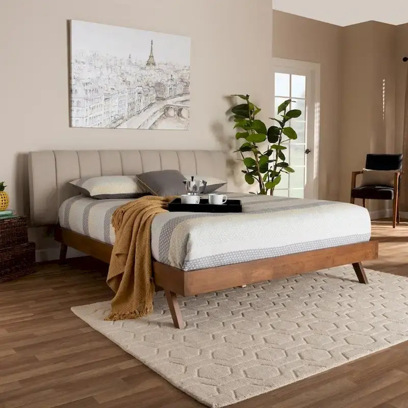 Mid-Century Modern Light Beige Fabric Upholstered Walnut Finished Wood Bed