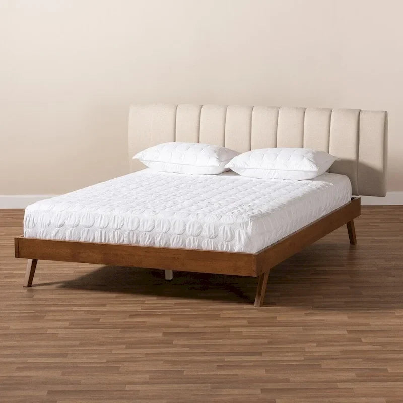 Mid-Century Modern Light Beige Fabric Upholstered Walnut Finished Wood Bed
