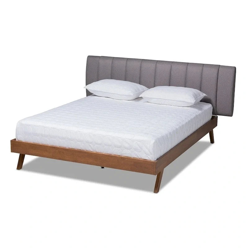 Mid-Century Modern Light Beige Fabric Upholstered Walnut Finished Wood Bed