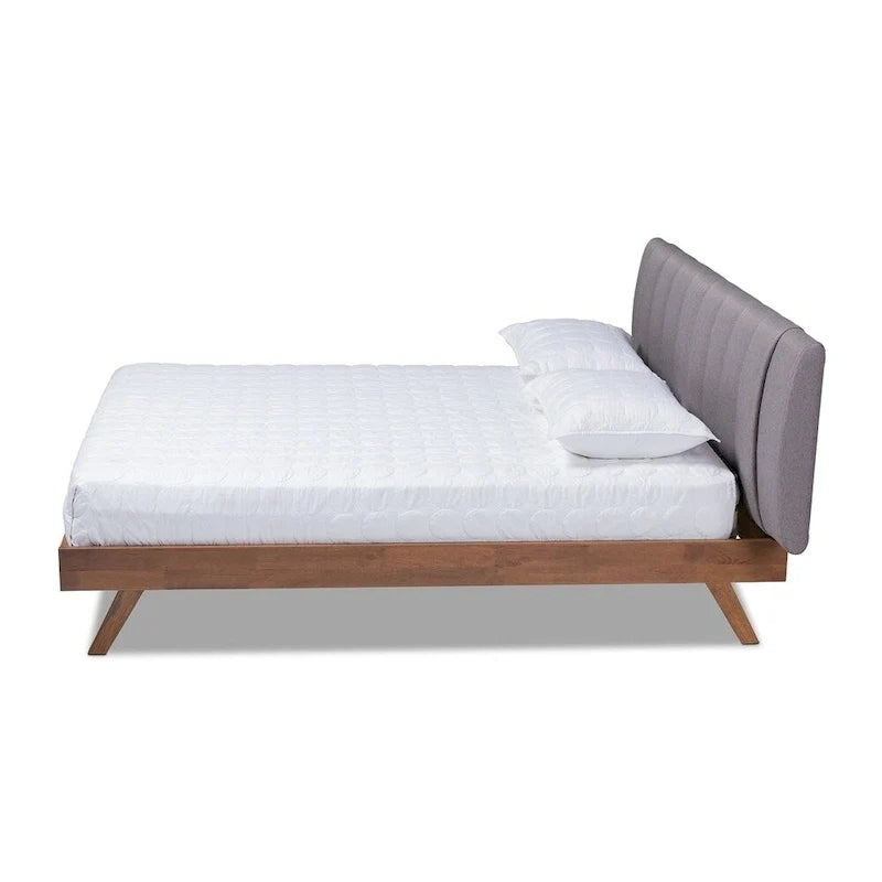 Mid-Century Modern Light Beige Fabric Upholstered Walnut Finished Wood Bed