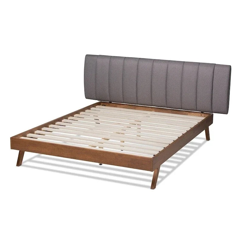 Mid-Century Modern Light Beige Fabric Upholstered Walnut Finished Wood Bed