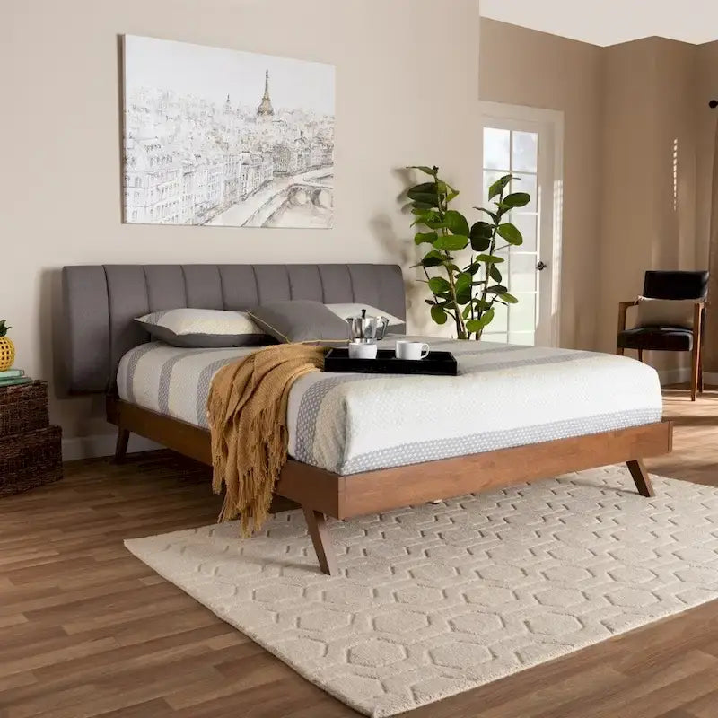 Mid-Century Modern Light Beige Fabric Upholstered Walnut Finished Wood Bed