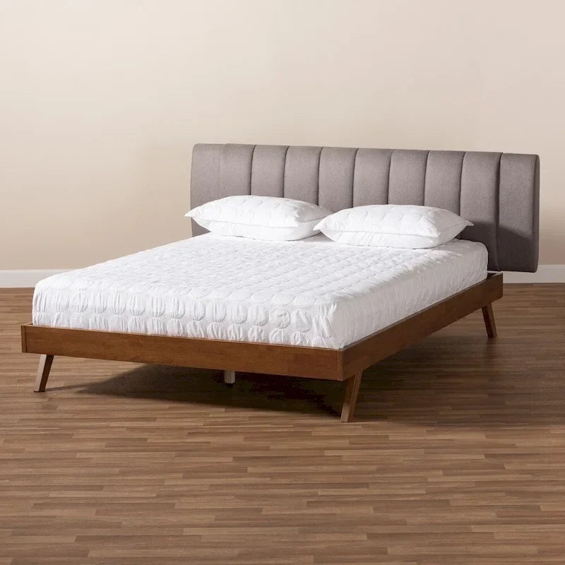Mid-Century Modern Light Beige Fabric Upholstered Walnut Finished Wood Bed