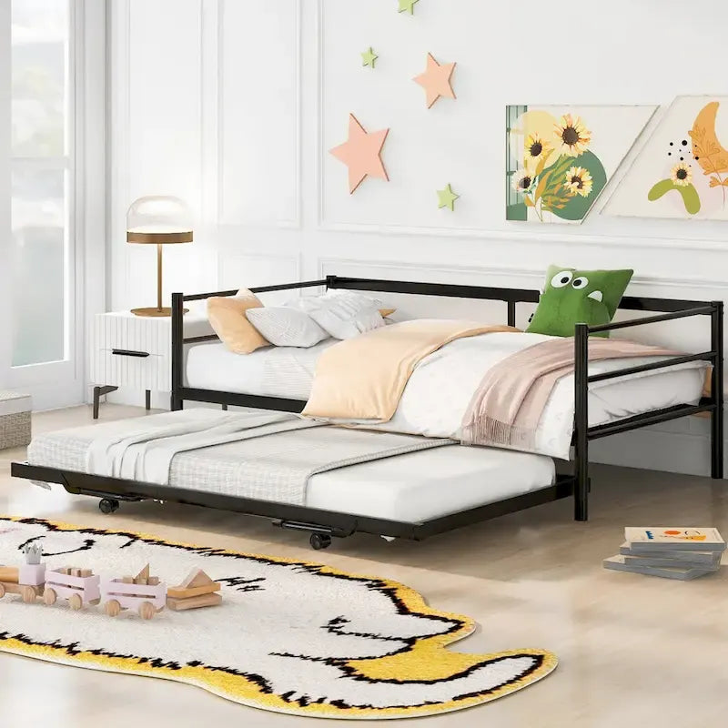 Metal Daybed with Adjustable Trundle, Pop Up Trundle