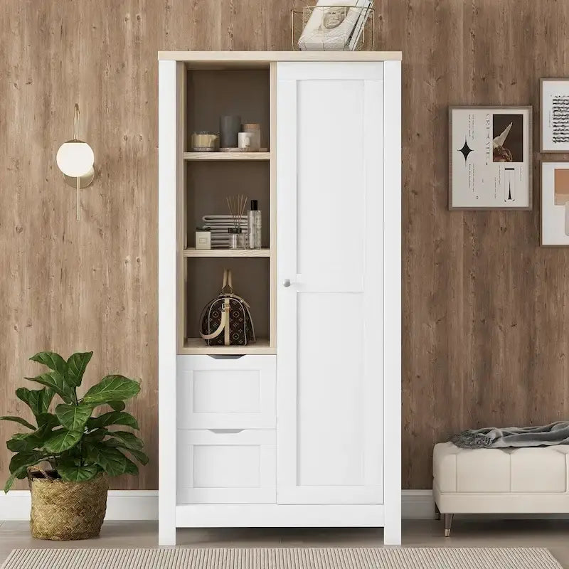 Bedroom Storage Wardrobe with Hanging Rods and 2 Drawers and Open Shelves