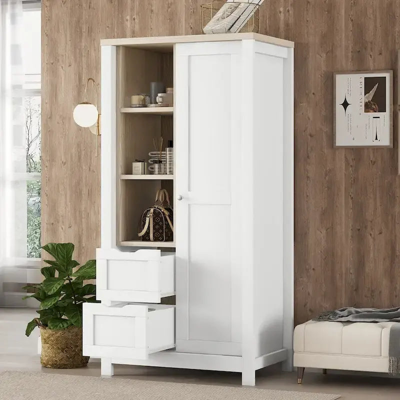 Bedroom Storage Wardrobe with Hanging Rods and 2 Drawers and Open Shelves