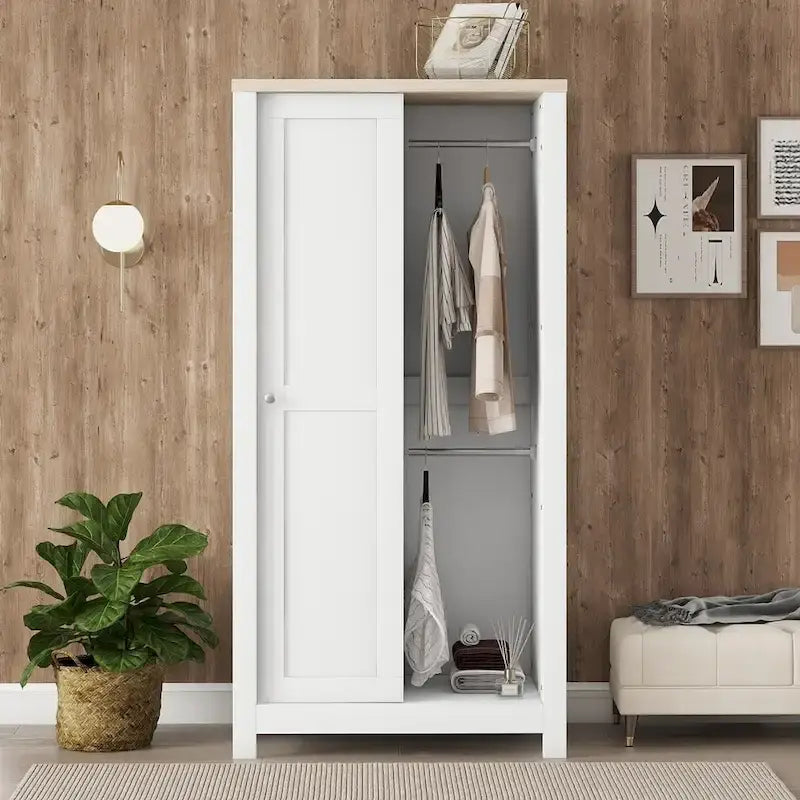 Bedroom Storage Wardrobe with Hanging Rods and 2 Drawers and Open Shelves