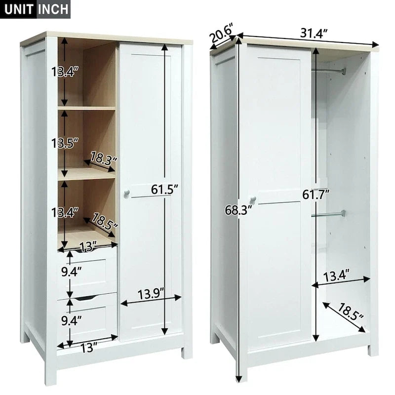 Bedroom Storage Wardrobe with Hanging Rods and 2 Drawers and Open Shelves