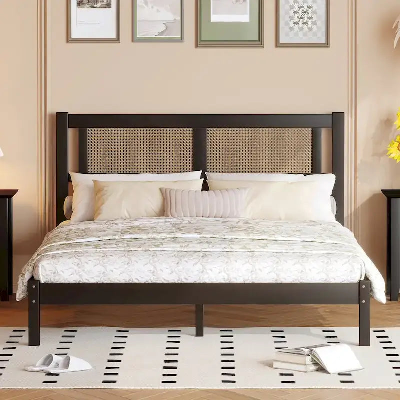 Queen Size Wooden Platform Bed with Natural Rattan Headboard, Exquisite Elegance with Minimalist Charm for Bedroom