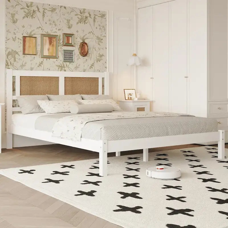 Queen Size Wooden Platform Bed with Natural Rattan Headboard, Exquisite Elegance with Minimalist Charm for Bedroom