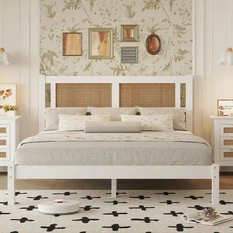Queen Size Wooden Platform Bed with Natural Rattan Headboard, Exquisite Elegance with Minimalist Charm for Bedroom