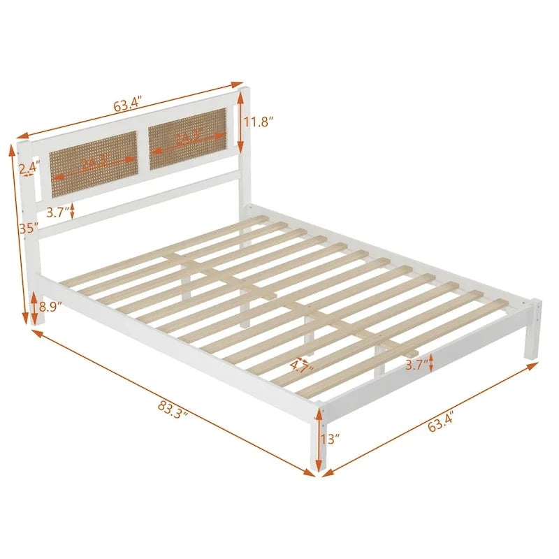 Queen Size Wooden Platform Bed with Natural Rattan Headboard, Exquisite Elegance with Minimalist Charm for Bedroom