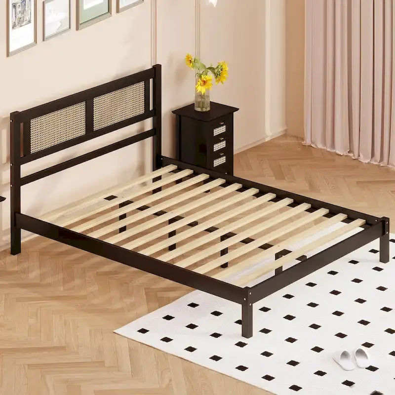 Queen Size Wooden Platform Bed with Natural Rattan Headboard, Exquisite Elegance with Minimalist Charm for Bedroom