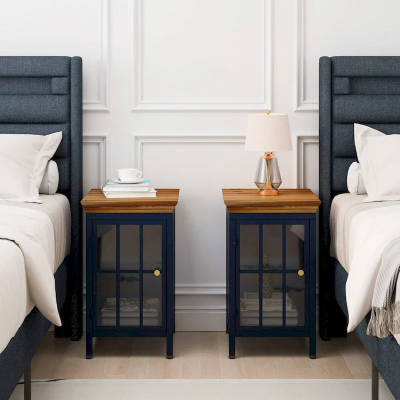Modern Nightstand with Storage Cabinet & Solid Wood Tabletop