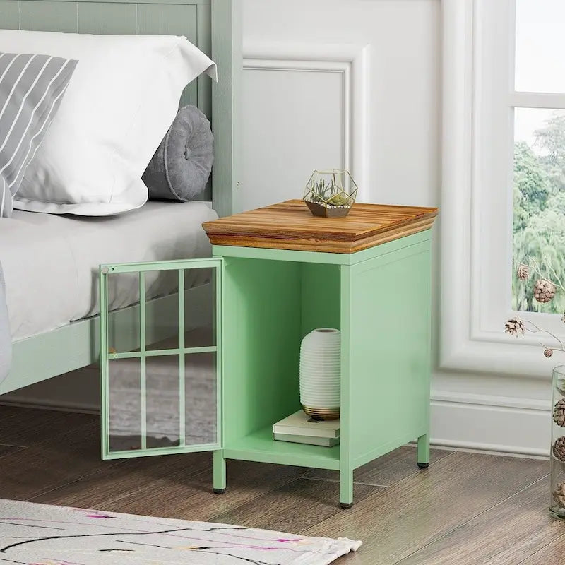 Modern Nightstand with Storage Cabinet & Solid Wood Tabletop