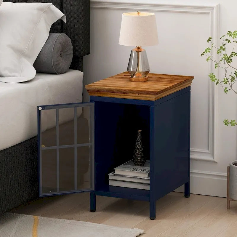 Modern Nightstand with Storage Cabinet & Solid Wood Tabletop