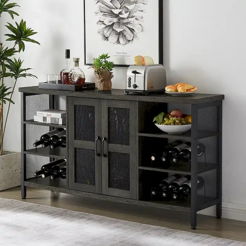 Aparador bar industrial para vinos, mueble para guardar licores con botellero y portacopas 55.12'w x 13.78'd x 30.31' h