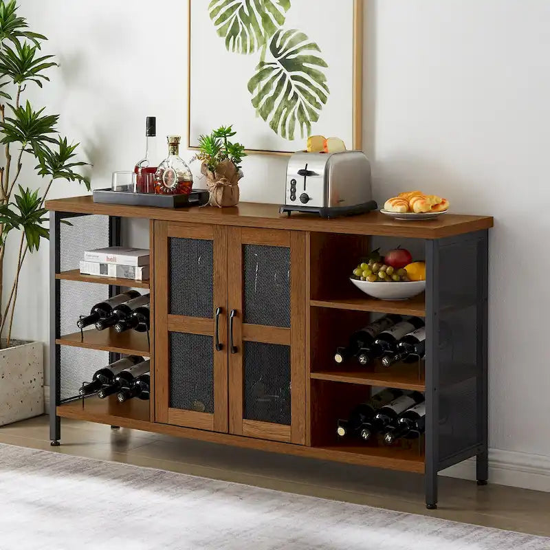 Industrial Wine Bar Cabinet, Liquor Storage Credenza, Sideboard with Wine Racks & Stemware Holder 55.12'w x 13.78'd x 30.31' h