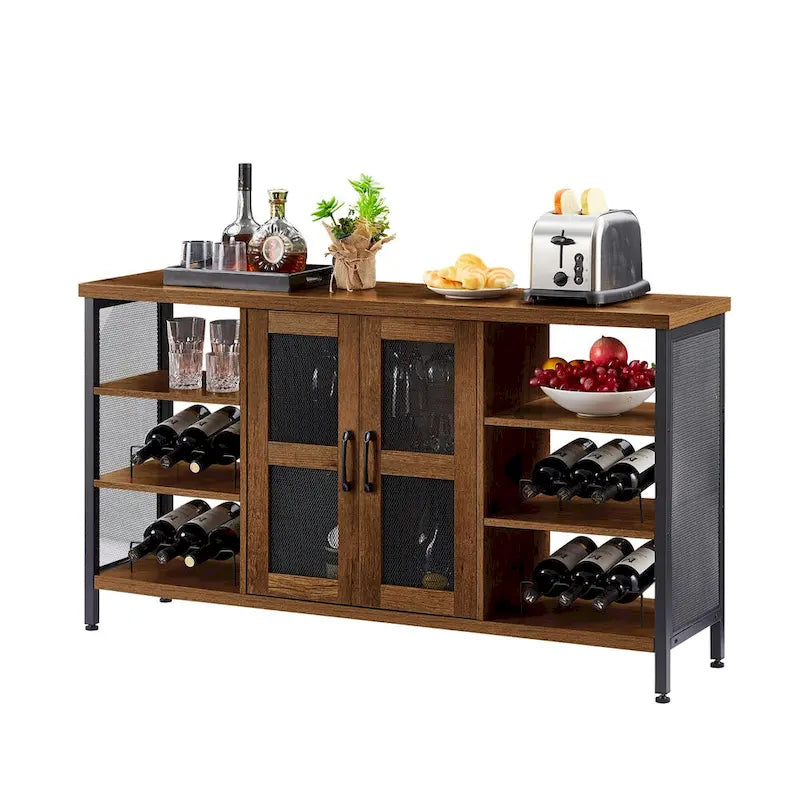 Industrial Wine Bar Cabinet, Liquor Storage Credenza, Sideboard with Wine Racks & Stemware Holder 55.12'w x 13.78'd x 30.31' h