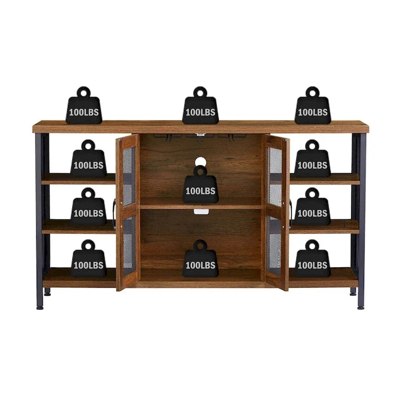 Industrial Wine Bar Cabinet, Liquor Storage Credenza, Sideboard with Wine Racks & Stemware Holder 55.12'w x 13.78'd x 30.31' h