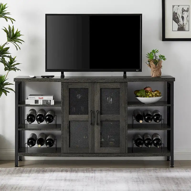 Industrial Wine Bar Cabinet, Liquor Storage Credenza, Sideboard with Wine Racks & Stemware Holder 55.12'w x 13.78'd x 30.31' h