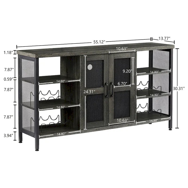Industrial Wine Bar Cabinet, Liquor Storage Credenza, Sideboard with Wine Racks & Stemware Holder 55.12'w x 13.78'd x 30.31' h