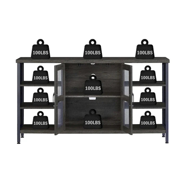 Industrial Wine Bar Cabinet, Liquor Storage Credenza, Sideboard with Wine Racks & Stemware Holder 55.12'w x 13.78'd x 30.31' h