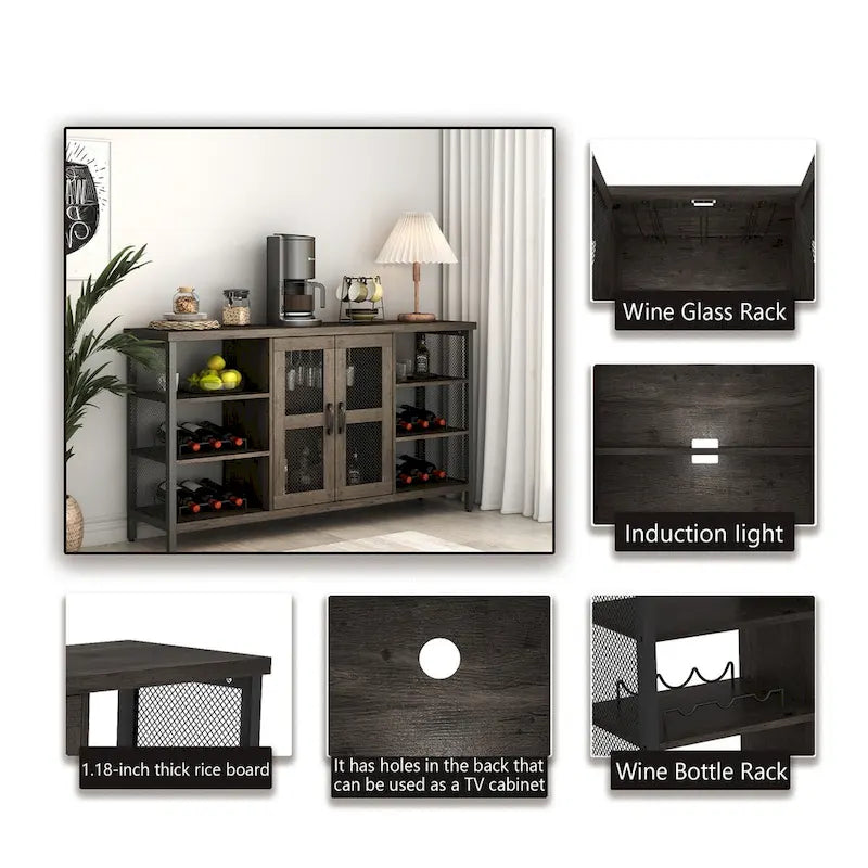 Industrial Wine Bar Cabinet, Liquor Storage Credenza, Sideboard with Wine Racks & Stemware Holder 55.12'w x 13.78'd x 30.31' h