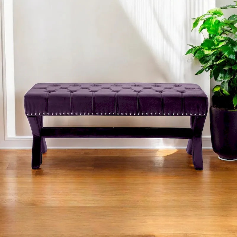 Plum Velvet Upholstered Bench - 45.27L x 19.68W x 19.29H